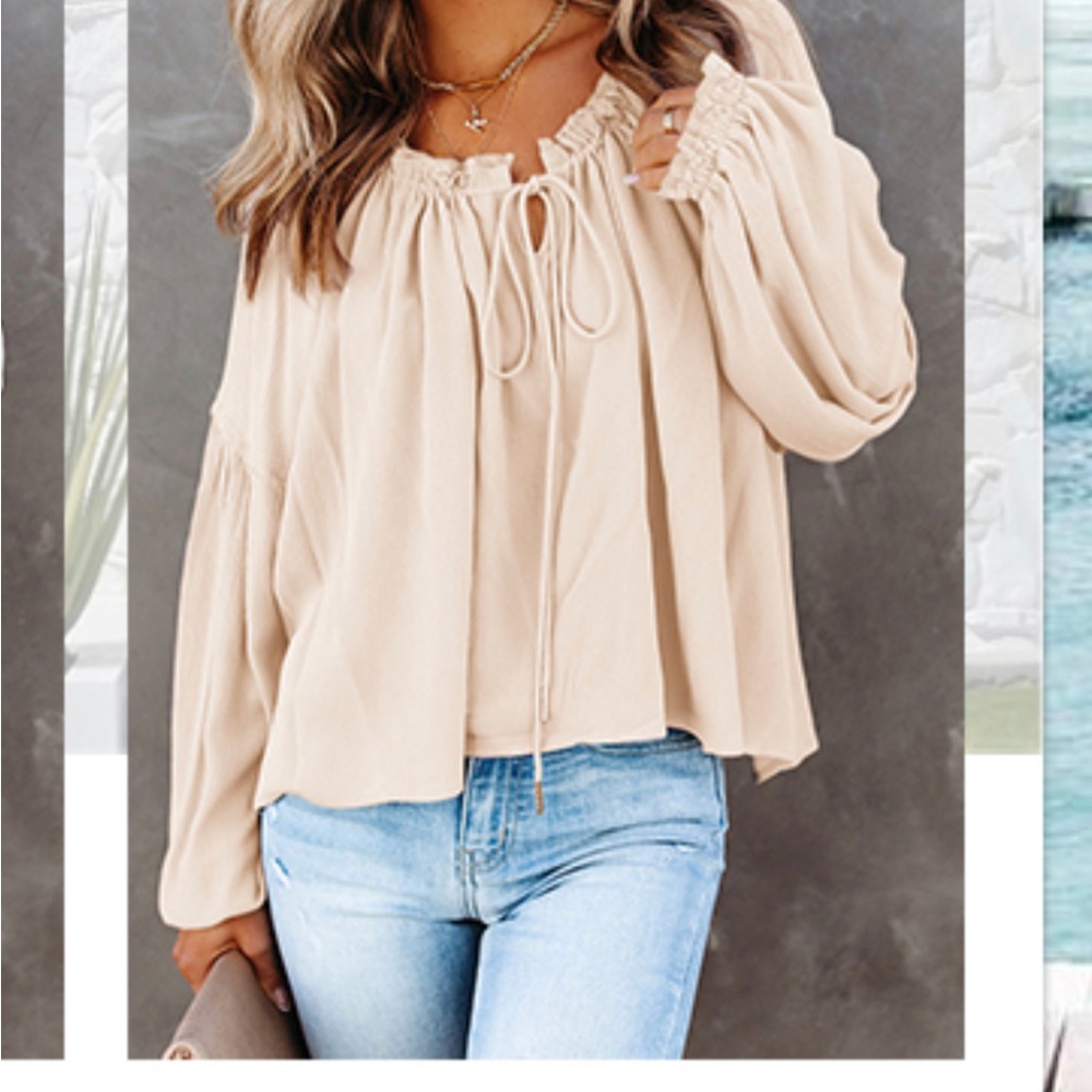 NWT Long Sleeve Drawstring V Neck Loose Peasant Blouses cream